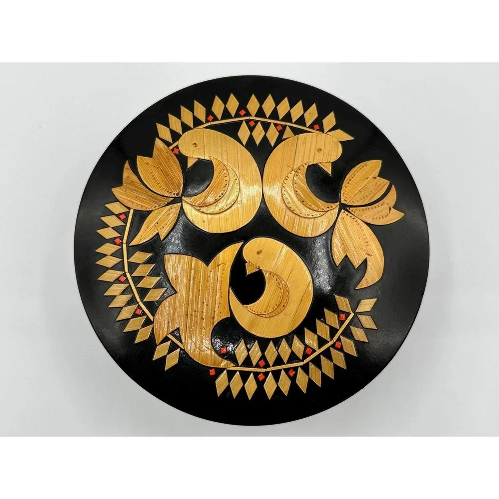 Vintage Black Lacquer Straw Marquetry Bird Trinket Box Round Folk Art 5x2